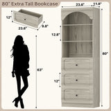 80'' Tall Bookcase with Drawers, Arched Wooden Bookshelf with Open Shelves & Storage for Living Room, Office & Bedroom