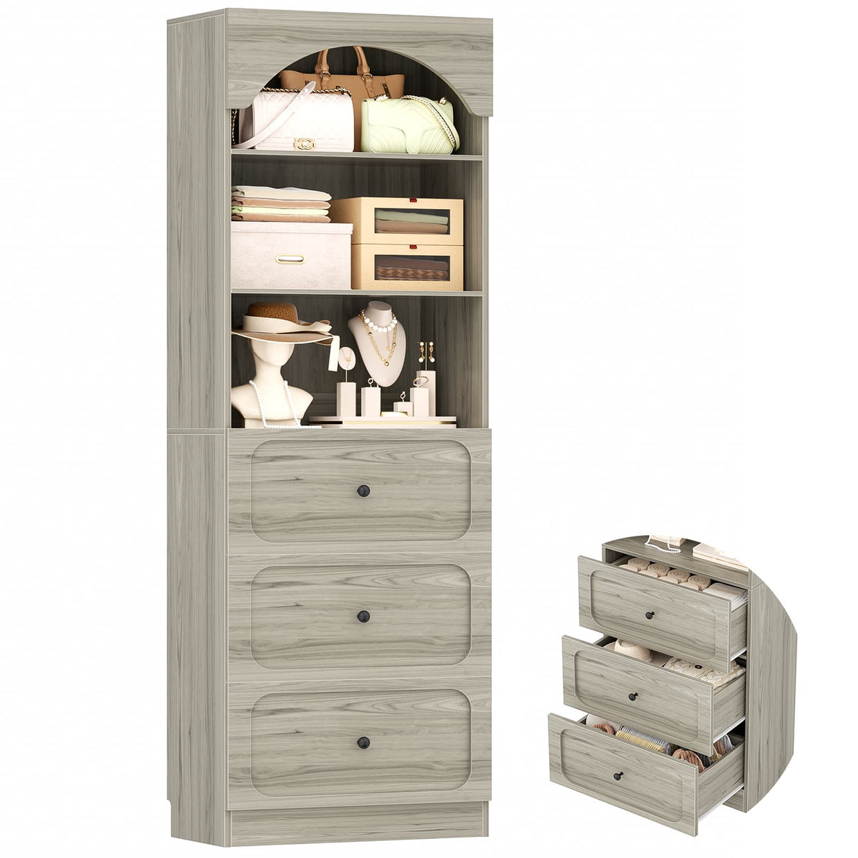 80'' Tall Bookcase with Drawers, Arched Wooden Bookshelf with Open Shelves & Storage for Living Room, Office & Bedroom