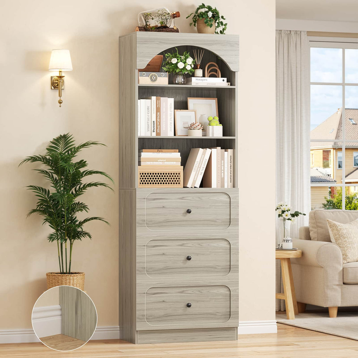 80'' Tall Bookcase with Drawers, Arched Wooden Bookshelf with Open Shelves & Storage for Living Room, Office & Bedroom