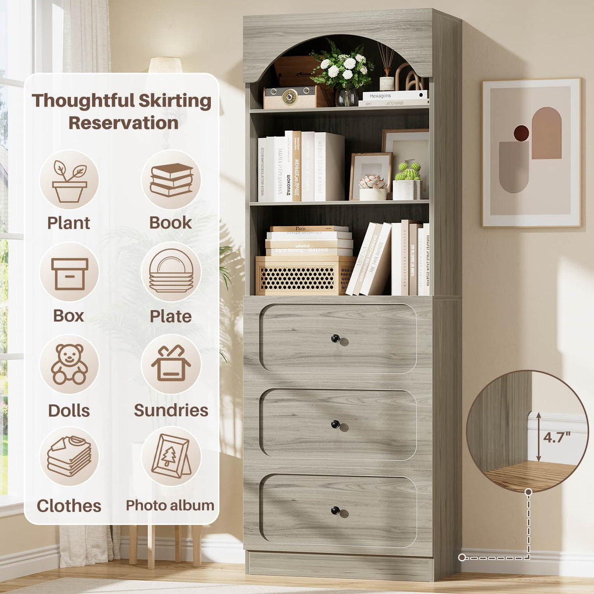 80'' Tall Bookcase with Drawers, Arched Wooden Bookshelf with Open Shelves & Storage for Living Room, Office & Bedroom