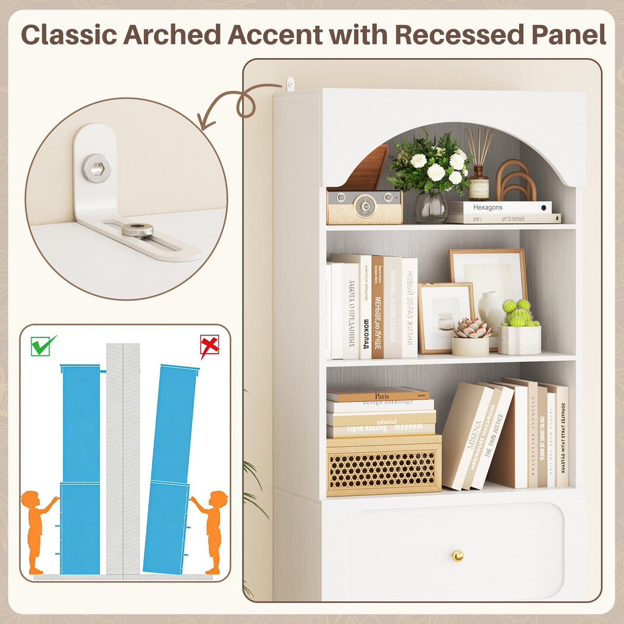 80'' Tall Bookcase with Drawers, Arched Wooden Bookshelf with Open Shelves & Storage for Living Room, Office & Bedroom