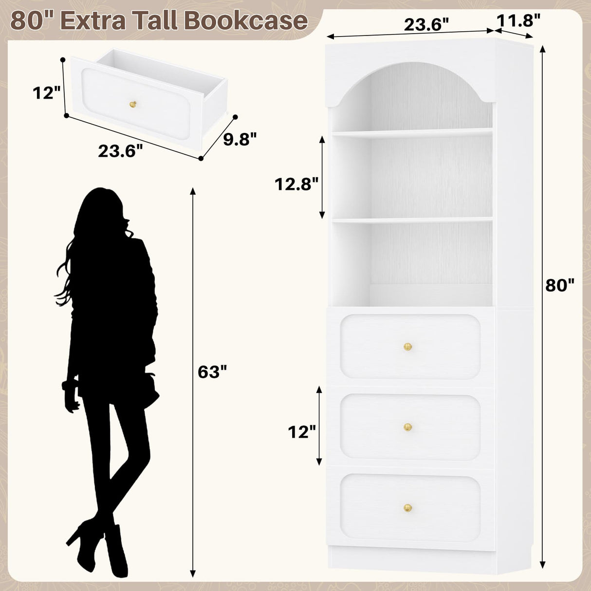 80'' Tall Bookcase with Drawers, Arched Wooden Bookshelf with Open Shelves & Storage for Living Room, Office & Bedroom