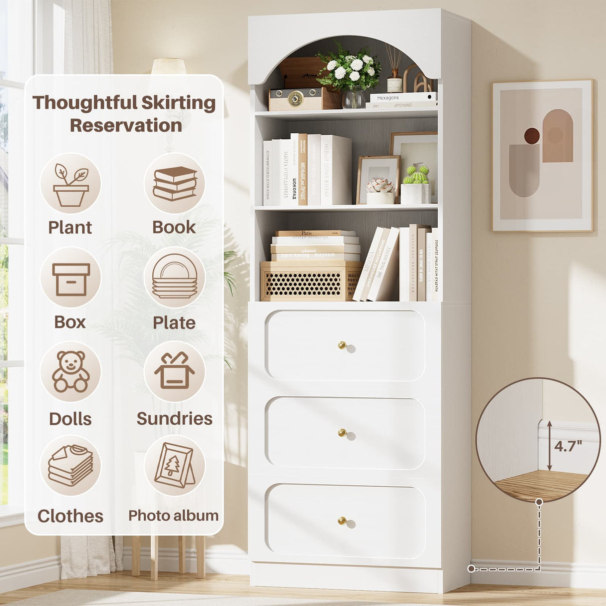 80'' Tall Bookcase with Drawers, Arched Wooden Bookshelf with Open Shelves & Storage for Living Room, Office & Bedroom
