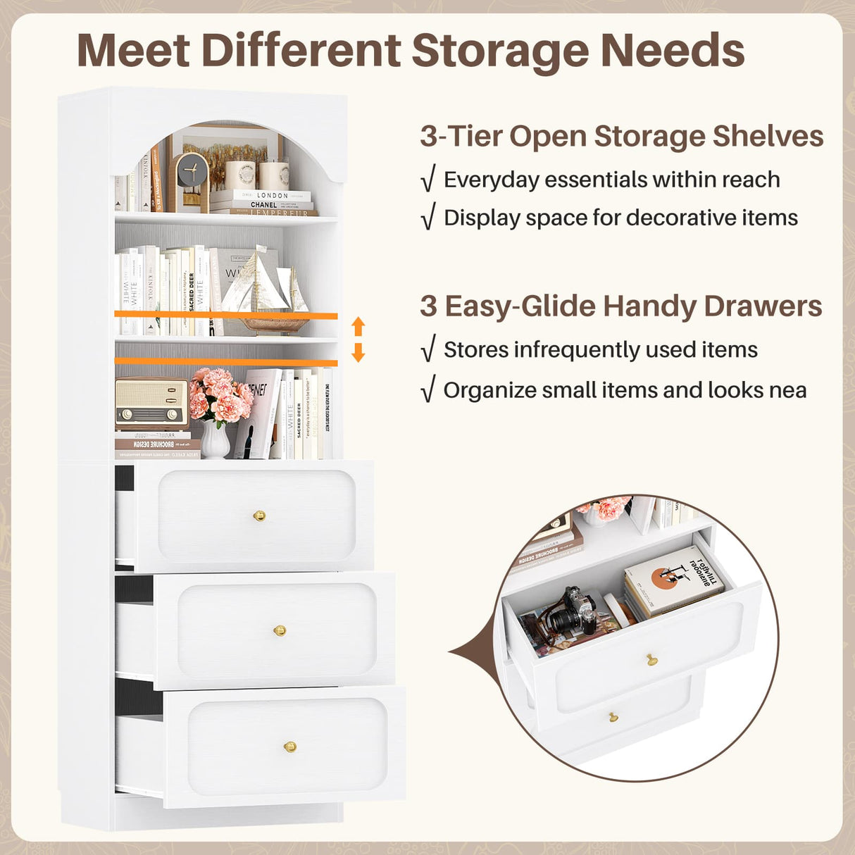 80'' Tall Bookcase with Drawers, Arched Wooden Bookshelf with Open Shelves & Storage for Living Room, Office & Bedroom