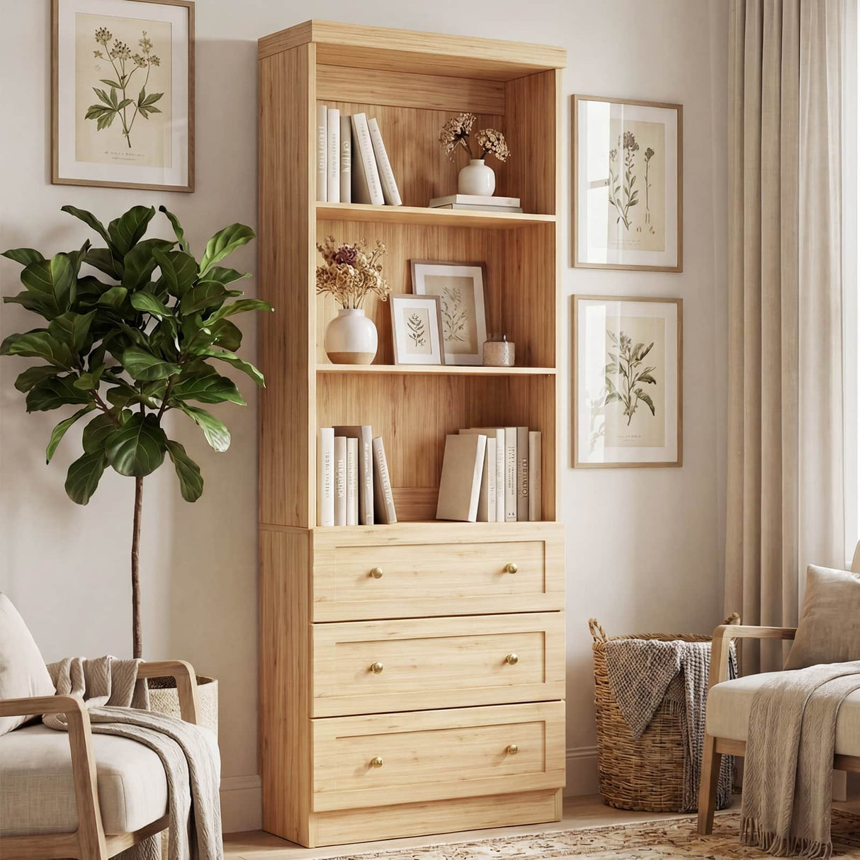 80" Bookshelf with 3 Drawers, Tall Bookcase with Thickened Top Panel and 3-Tier Open Shelves