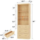 80" Bookshelf with 3 Drawers, Tall Bookcase with Thickened Top Panel and 3-Tier Open Shelves