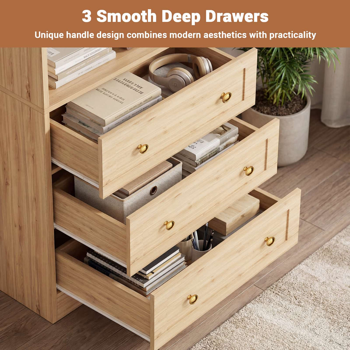 80" Bookshelf with 3 Drawers, Tall Bookcase with Thickened Top Panel and 3-Tier Open Shelves