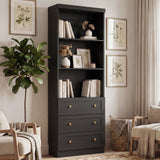 80" Bookshelf with 3 Drawers, Tall Bookcase with Thickened Top Panel and 3-Tier Open Shelves