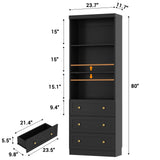 80" Bookshelf with 3 Drawers, Tall Bookcase with Thickened Top Panel and 3-Tier Open Shelves