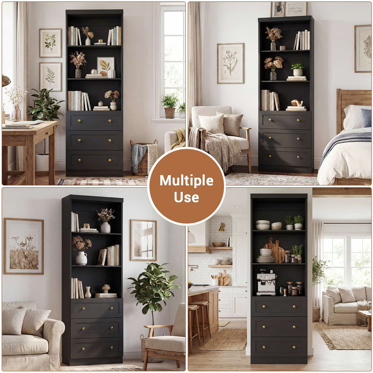 80" Bookshelf with 3 Drawers, Tall Bookcase with Thickened Top Panel and 3-Tier Open Shelves