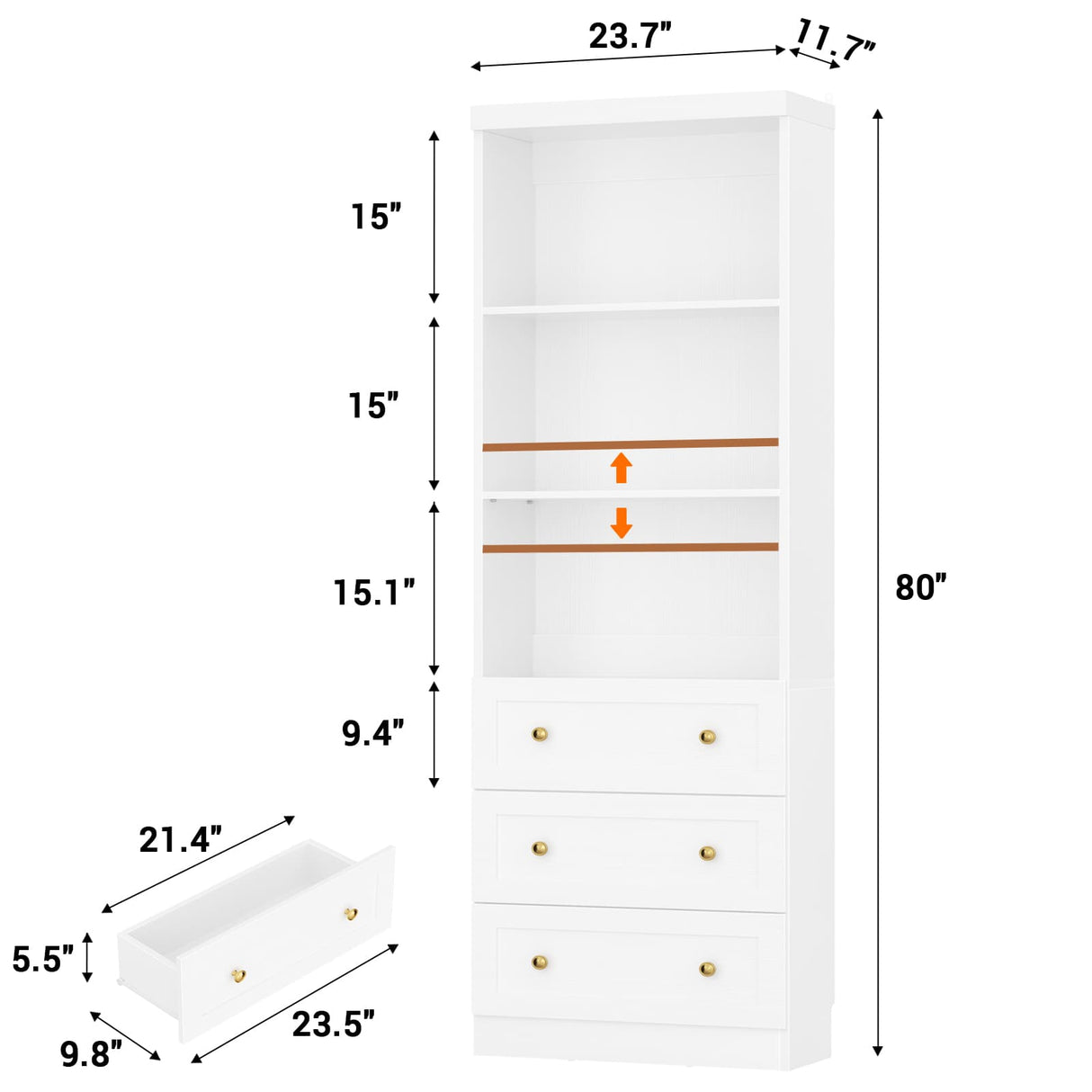 80" Bookshelf with 3 Drawers, Tall Bookcase with Thickened Top Panel and 3-Tier Open Shelves