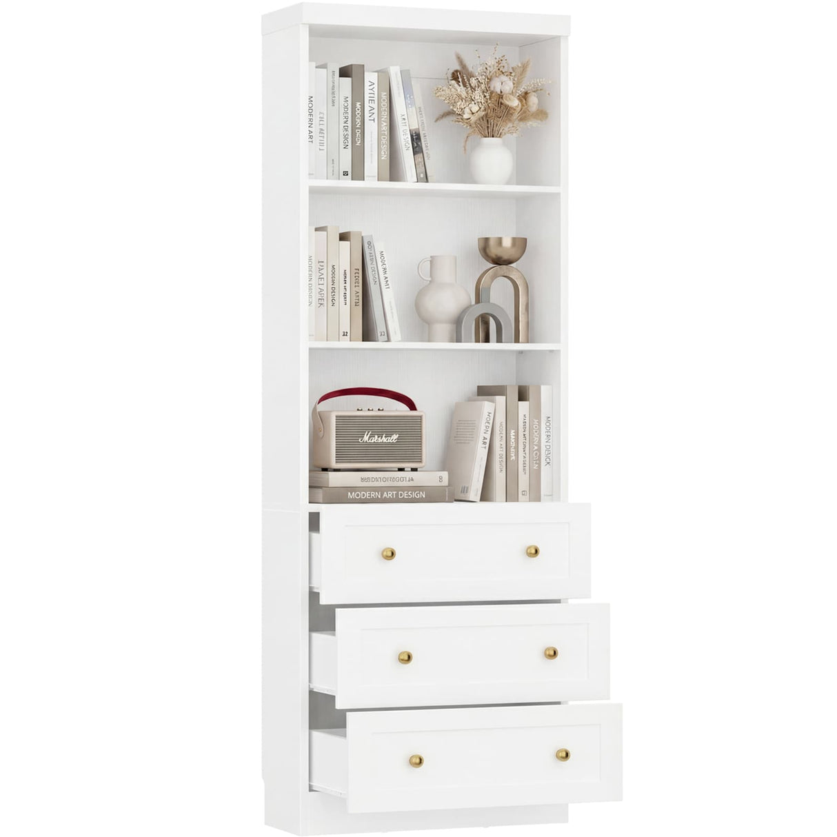 80" Bookshelf with 3 Drawers, Tall Bookcase with Thickened Top Panel and 3-Tier Open Shelves