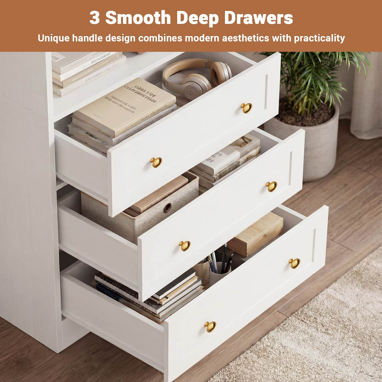 80" Bookshelf with 3 Drawers, Tall Bookcase with Thickened Top Panel and 3-Tier Open Shelves