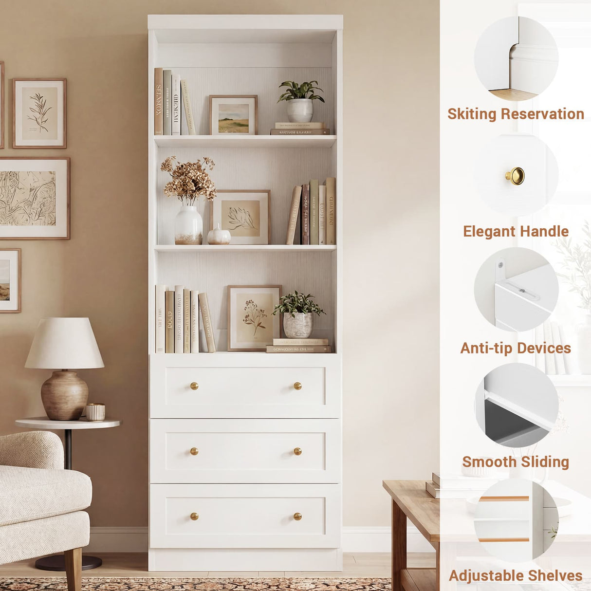 80" Bookshelf with 3 Drawers, Tall Bookcase with Thickened Top Panel and 3-Tier Open Shelves