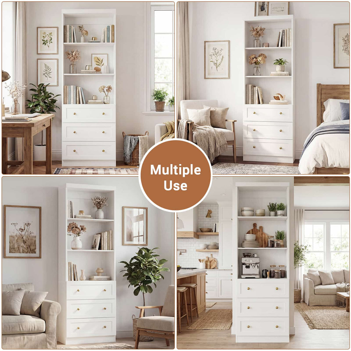 80" Bookshelf with 3 Drawers, Tall Bookcase with Thickened Top Panel and 3-Tier Open Shelves