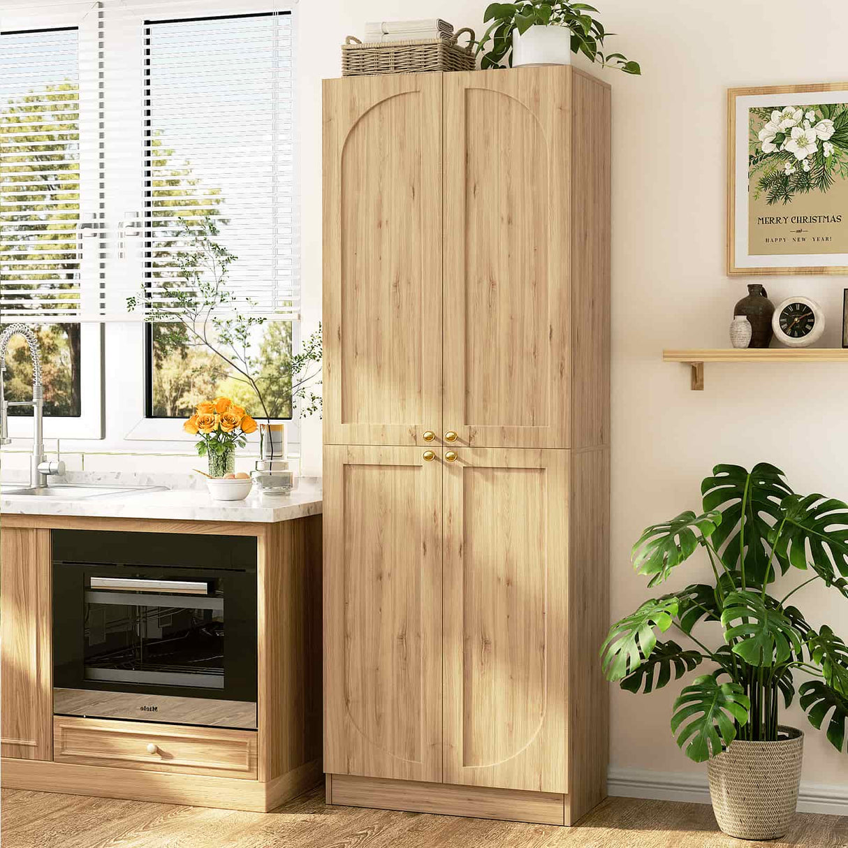 80'' Tall Farmhouse Pantry Cabinet with Arched Doors, Adjustable Shelves & Storage, Wooden Cabinet for Kitchen, Bathroom & Living Room