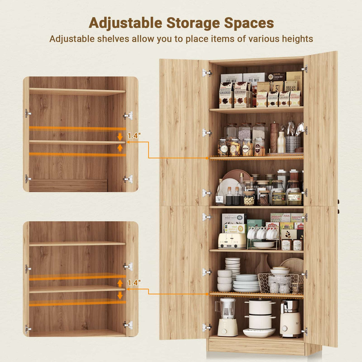 80'' Tall Farmhouse Pantry Cabinet with Arched Doors, Adjustable Shelves & Storage, Wooden Cabinet for Kitchen, Bathroom & Living Room