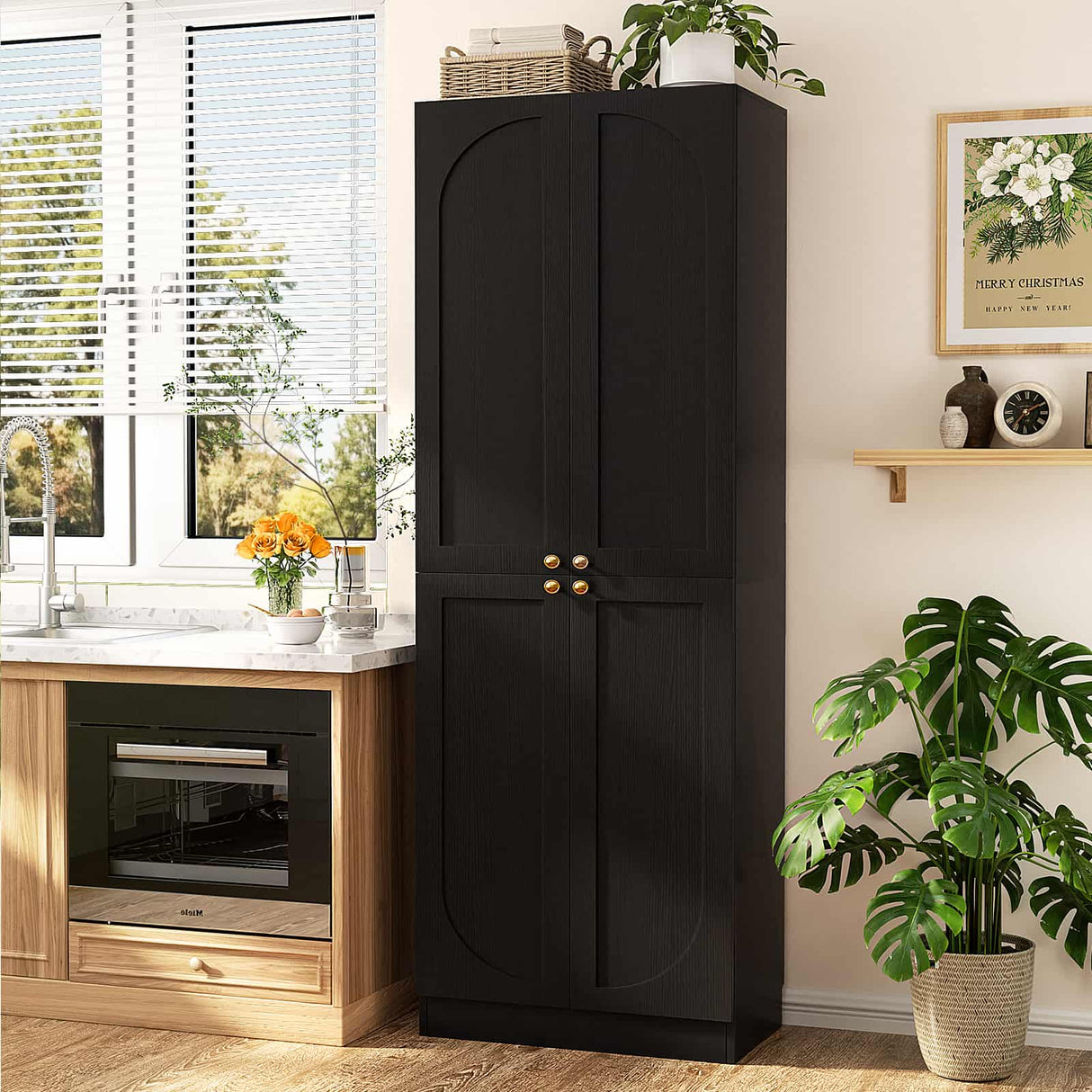 80'' Tall Farmhouse Pantry Cabinet with Arched Doors, Adjustable Shelves & Storage, Wooden Cabinet for Kitchen, Bathroom & Living Room