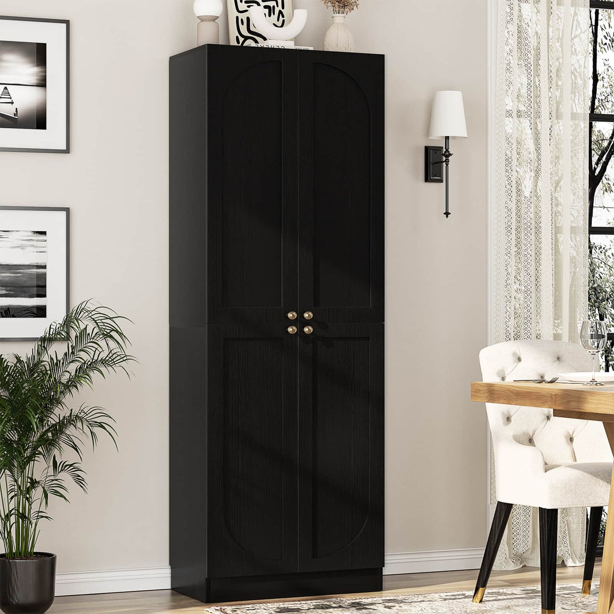 80'' Tall Farmhouse Pantry Cabinet with Arched Doors, Adjustable Shelves & Storage, Wooden Cabinet for Kitchen, Bathroom & Living Room