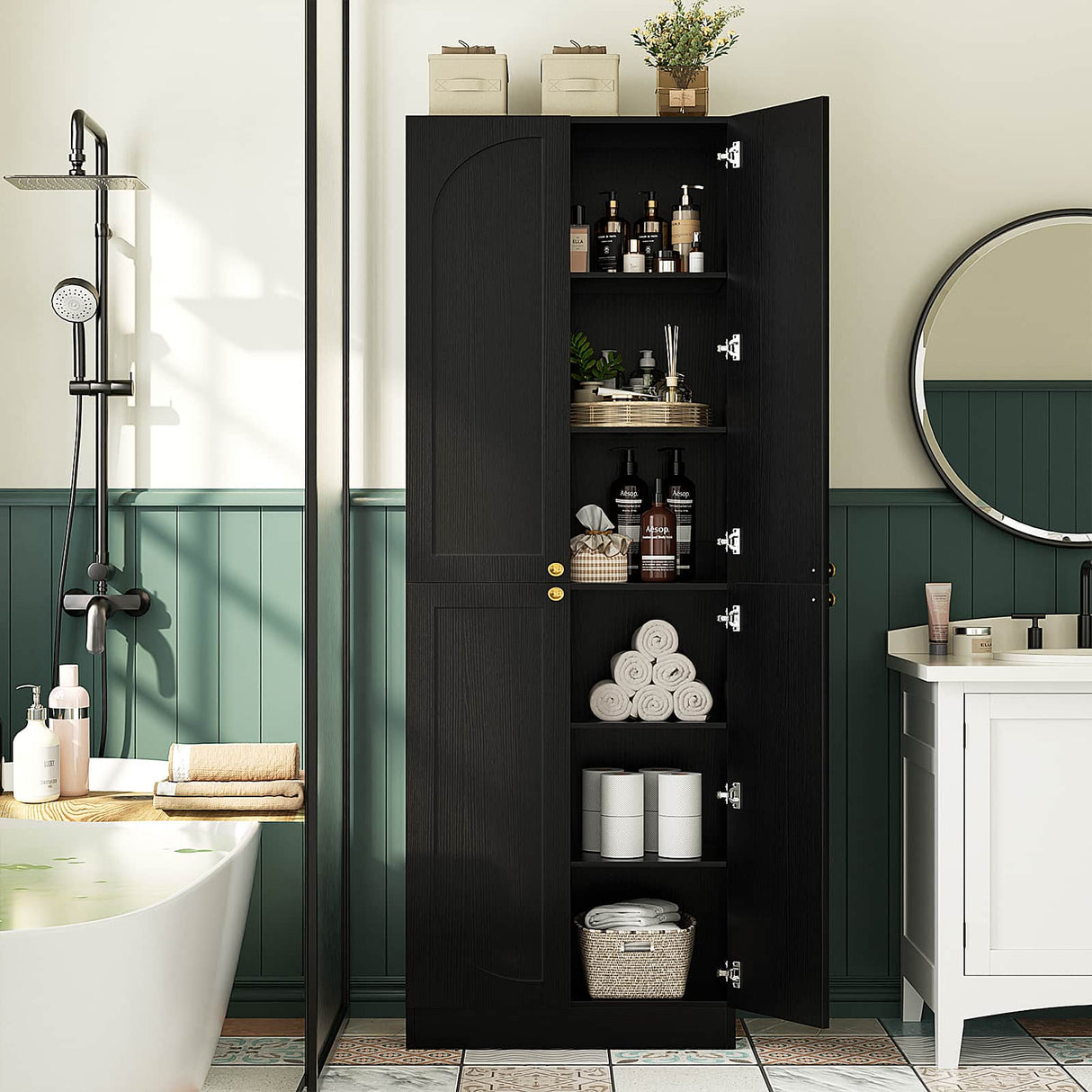 80'' Tall Farmhouse Pantry Cabinet with Arched Doors, Adjustable Shelves & Storage, Wooden Cabinet for Kitchen, Bathroom & Living Room