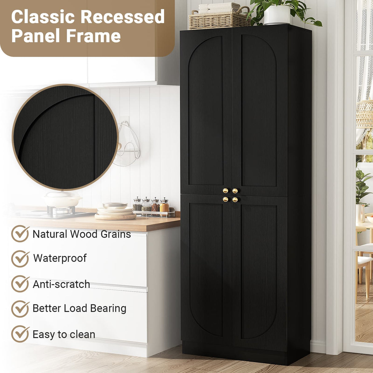 80'' Tall Farmhouse Pantry Cabinet with Arched Doors, Adjustable Shelves & Storage, Wooden Cabinet for Kitchen, Bathroom & Living Room