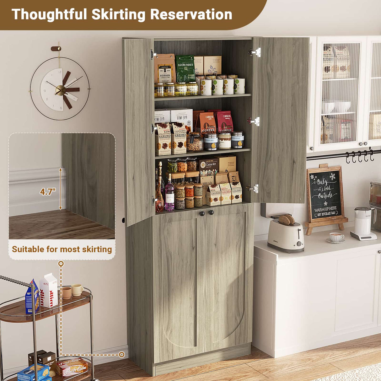 80'' Tall Farmhouse Pantry Cabinet with Arched Doors, Adjustable Shelves & Storage, Wooden Cabinet for Kitchen, Bathroom & Living Room