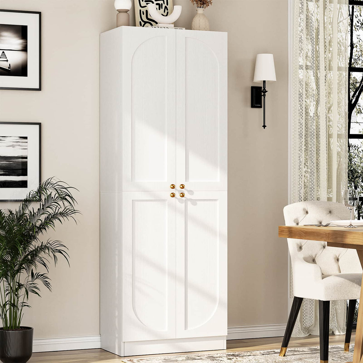 80'' Tall Farmhouse Pantry Cabinet with Arched Doors, Adjustable Shelves & Storage, Wooden Cabinet for Kitchen, Bathroom & Living Room