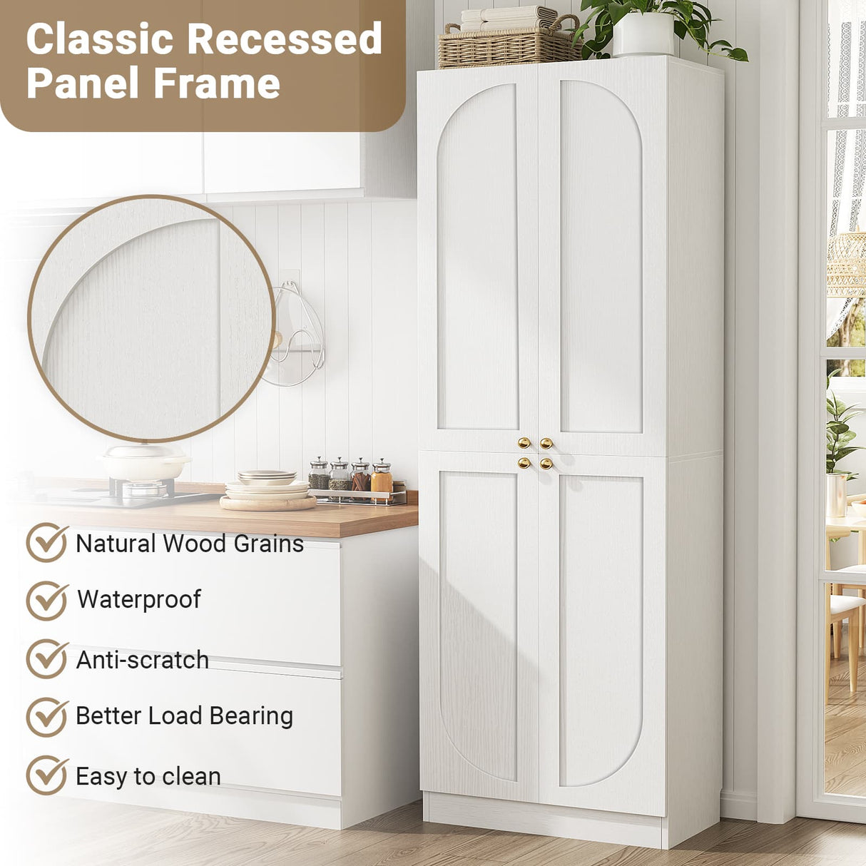80'' Tall Farmhouse Pantry Cabinet with Arched Doors, Adjustable Shelves & Storage, Wooden Cabinet for Kitchen, Bathroom & Living Room