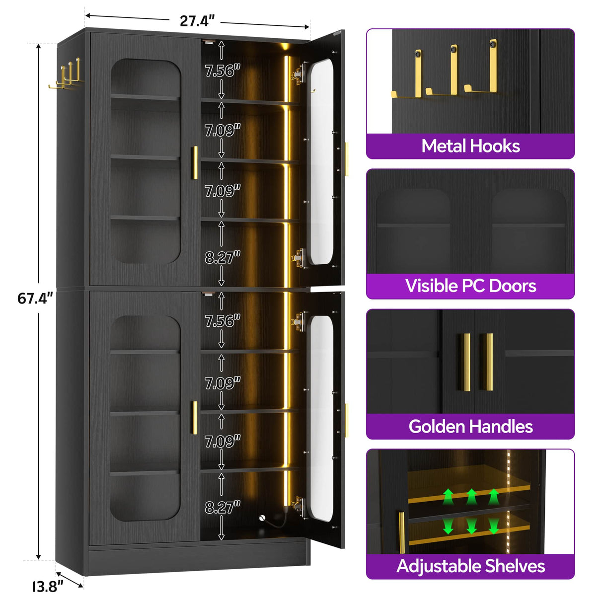 8-Tier Shoe Cabinet with LED Lights & Clear Doors, Extra Wide Storage Display Cabinet with Gold Accents for Shoes, Bags & Collectibles