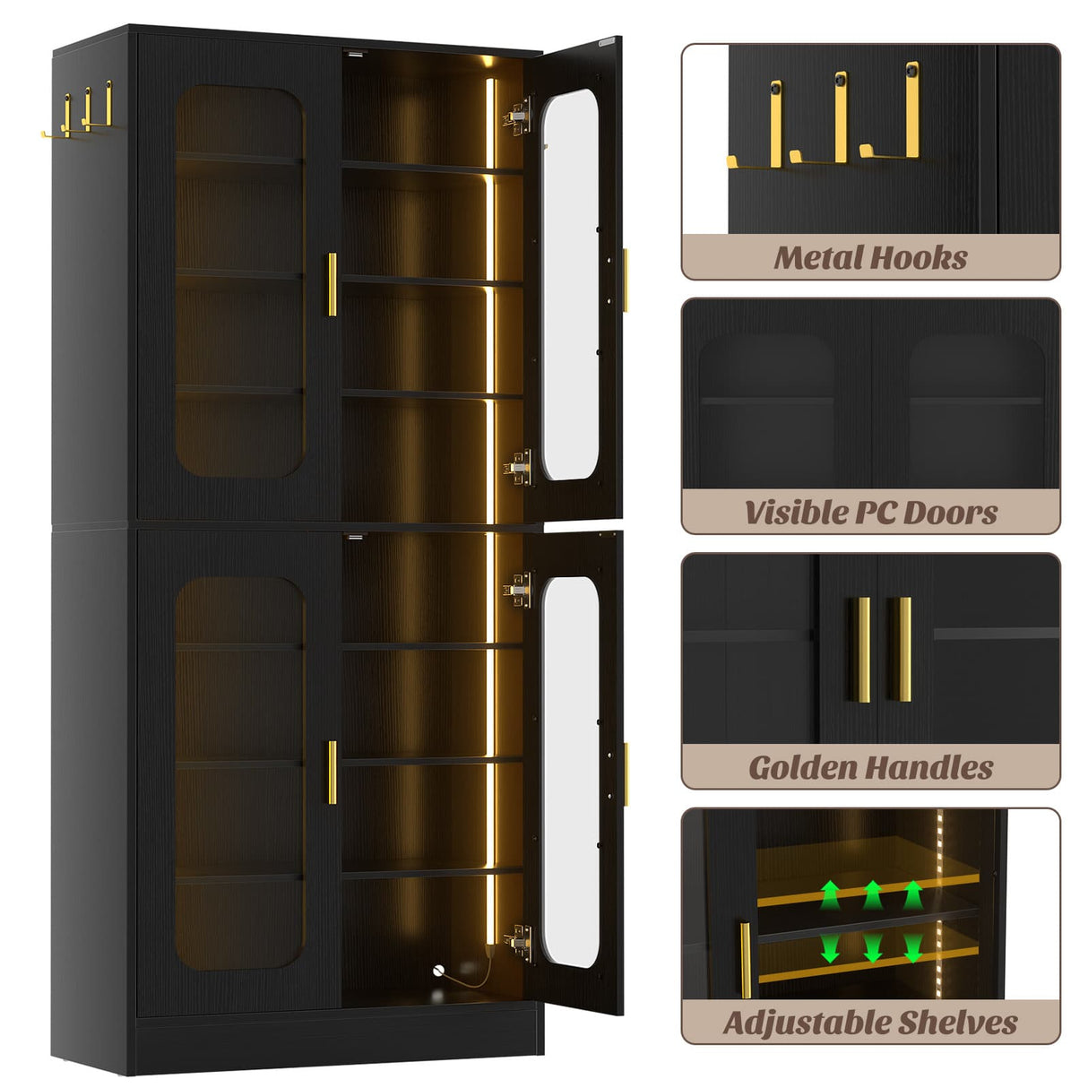 8-Tier Shoe Cabinet with LED Lights & Clear Doors, Extra Wide Storage Display Cabinet with Gold Accents for Shoes, Bags & Collectibles