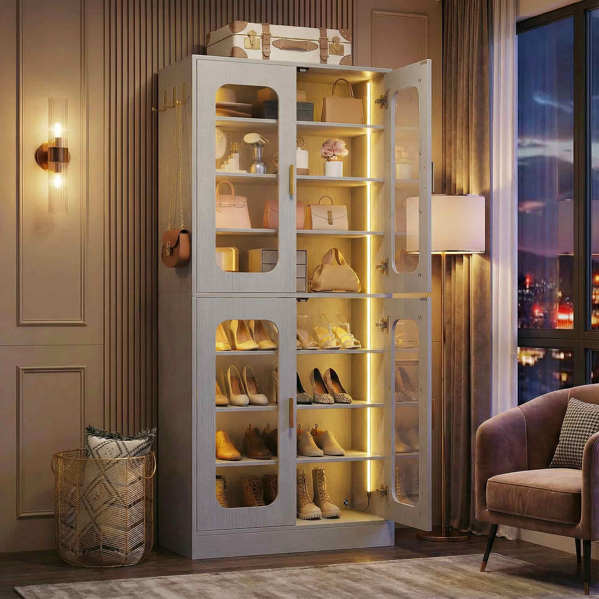 8-Tier Shoe Cabinet with LED Lights & Clear Doors, Extra Wide Storage Display Cabinet with Gold Accents for Shoes, Bags & Collectibles