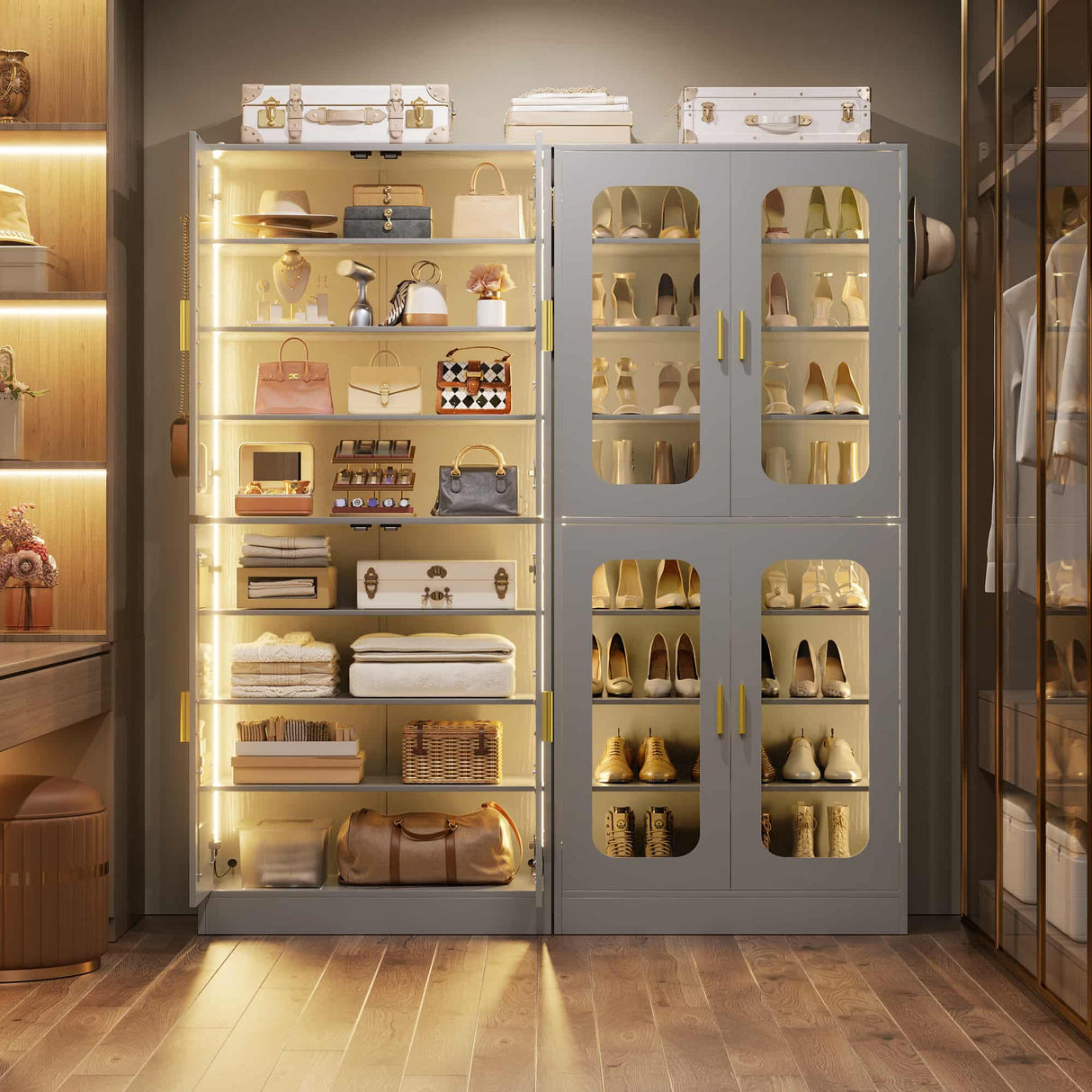 8-Tier Shoe Cabinet with LED Lights & Clear Doors, Extra Wide Storage Display Cabinet with Gold Accents for Shoes, Bags & Collectibles