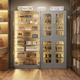 8-Tier Shoe Cabinet with LED Lights & Clear Doors, Extra Wide Storage Display Cabinet with Gold Accents for Shoes, Bags & Collectibles