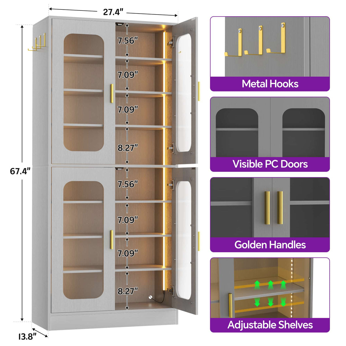 8-Tier Shoe Cabinet with LED Lights & Clear Doors, Extra Wide Storage Display Cabinet with Gold Accents for Shoes, Bags & Collectibles