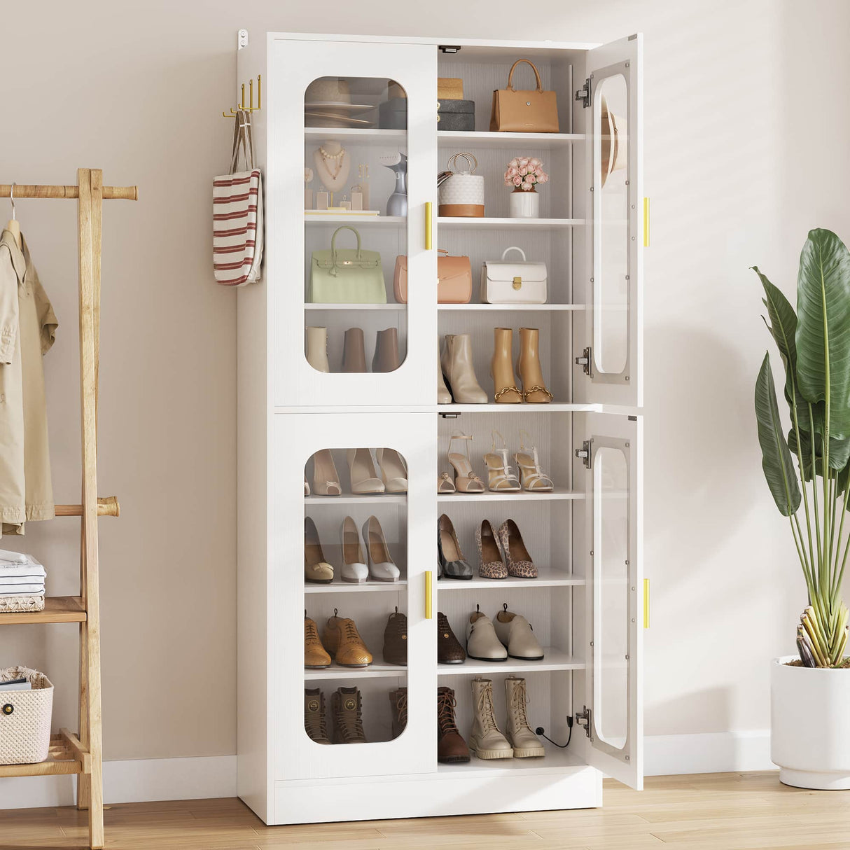 8-Tier Shoe Cabinet with LED Lights & Clear Doors, Extra Wide Storage Display Cabinet with Gold Accents for Shoes, Bags & Collectibles