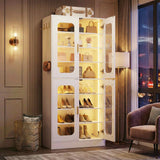 8-Tier Shoe Cabinet with LED Lights & Clear Doors, Extra Wide Storage Display Cabinet with Gold Accents for Shoes, Bags & Collectibles