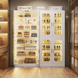 8-Tier Shoe Cabinet with LED Lights & Clear Doors, Extra Wide Storage Display Cabinet with Gold Accents for Shoes, Bags & Collectibles