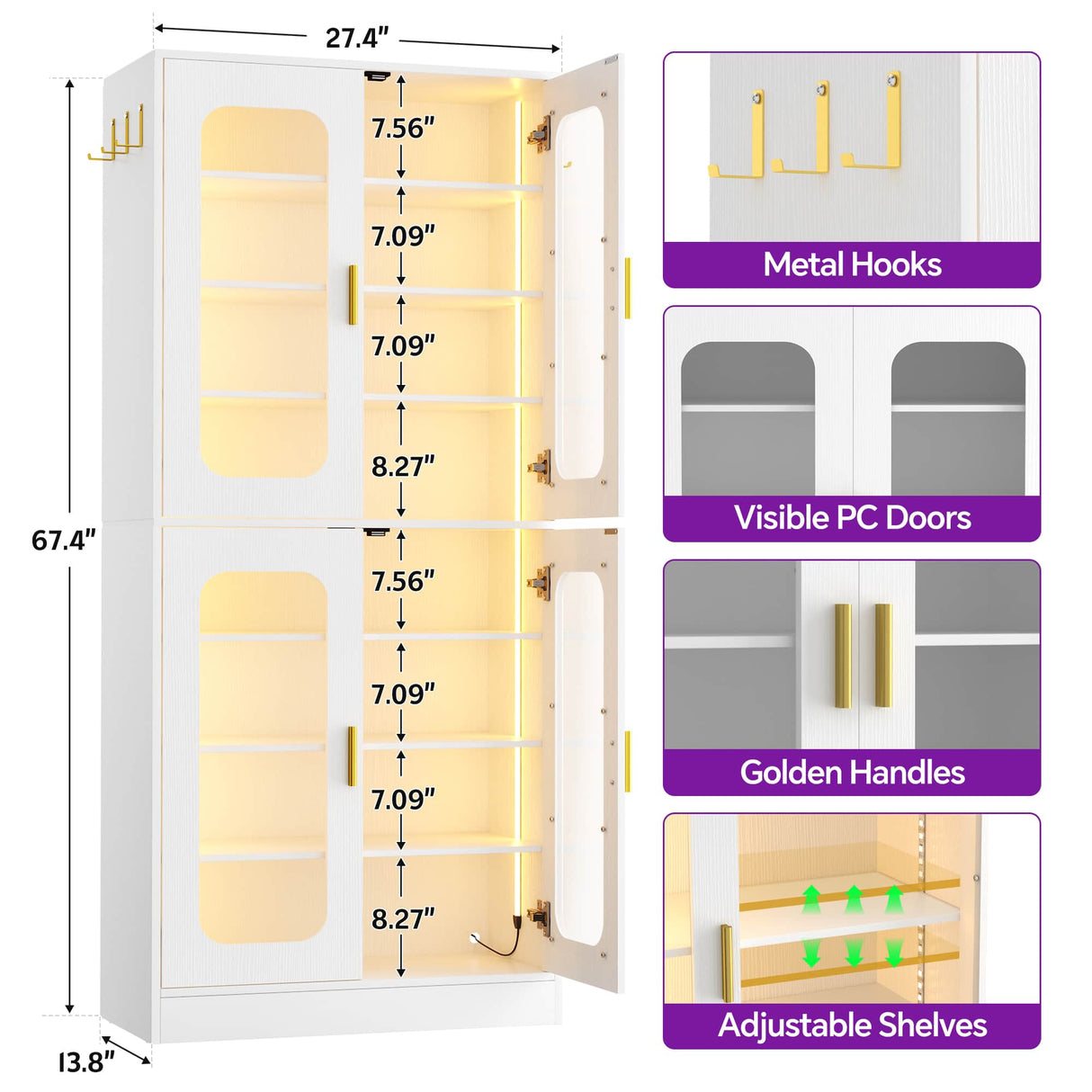 8-Tier Shoe Cabinet with LED Lights & Clear Doors, Extra Wide Storage Display Cabinet with Gold Accents for Shoes, Bags & Collectibles