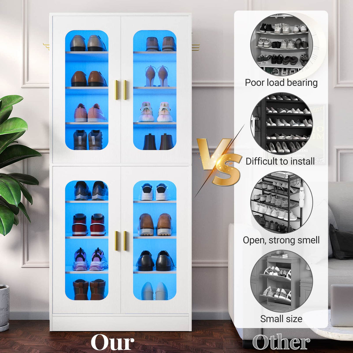8-Tier Shoe Cabinet with LED Lights & Clear Doors, Extra Wide Storage Display Cabinet with Gold Accents for Shoes, Bags & Collectibles