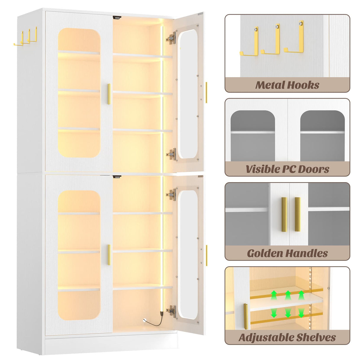 8-Tier Shoe Cabinet with LED Lights & Clear Doors, Extra Wide Storage Display Cabinet with Gold Accents for Shoes, Bags & Collectibles