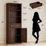 80'' Tall Farmhouse Bookcase with Doors & Drawer, Wooden Storage Cabinet with Shelves, Display Bookshelf for Living Room, Office & Kitchen