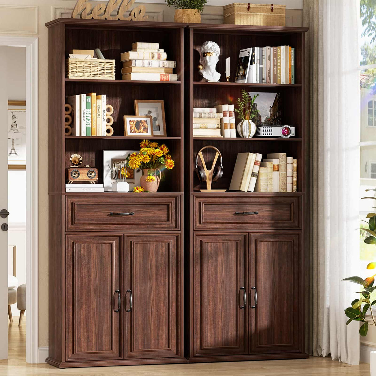 80'' Tall Farmhouse Bookcase with Storage Cabinet & Drawer, 2 Packs