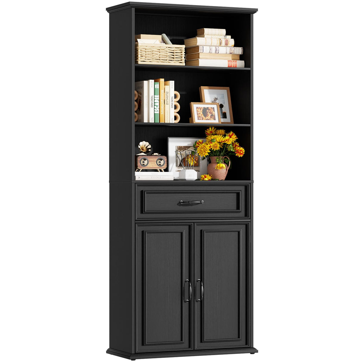 80'' Tall Farmhouse Bookcase with Doors & Drawer, Wooden Storage Cabinet with Shelves, Display Bookshelf for Living Room, Office & Kitchen