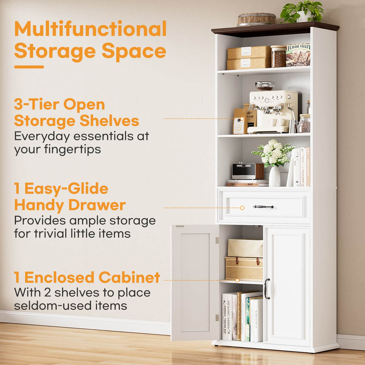 80'' Tall Farmhouse Bookcase with Doors & Drawer, Wooden Storage Cabinet with Shelves, Display Bookshelf for Living Room, Office & Kitchen