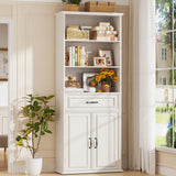 80'' Tall Farmhouse Bookcase with Doors & Drawer, Wooden Storage Cabinet with Shelves, Display Bookshelf for Living Room, Office & Kitchen