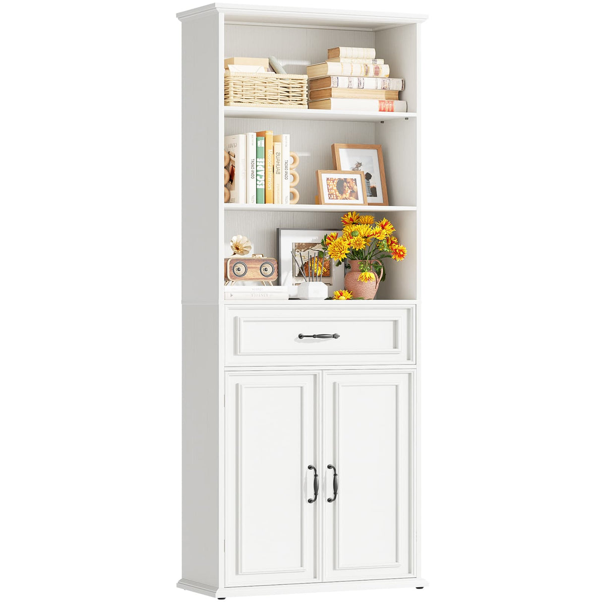 80'' Tall Farmhouse Bookcase with Doors & Drawer, Wooden Storage Cabinet with Shelves, Display Bookshelf for Living Room, Office & Kitchen