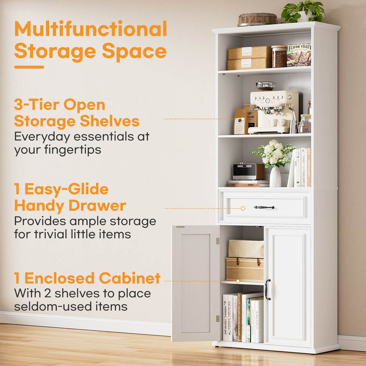 80'' Tall Farmhouse Bookcase with Doors & Drawer, Wooden Storage Cabinet with Shelves, Display Bookshelf for Living Room, Office & Kitchen