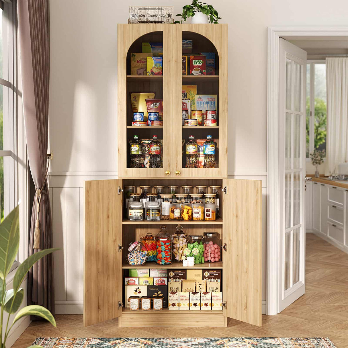 80'' Tall Pantry Cabinet with Glass Doors & Shelves, Arched Farmhouse Storage Cabinet for Kitchen, Living Room & Bathroom