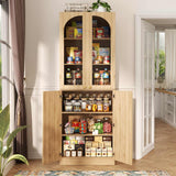 80'' Tall Pantry Cabinet with Glass Doors & Shelves, Arched Farmhouse Storage Cabinet for Kitchen, Living Room & Bathroom