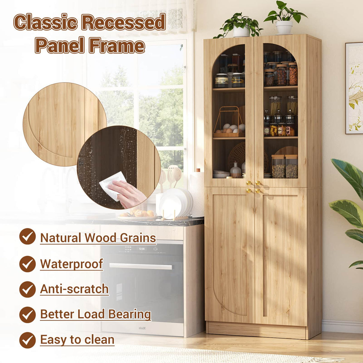 80'' Tall Pantry Cabinet with Glass Doors & Shelves, Arched Farmhouse Storage Cabinet for Kitchen, Living Room & Bathroom